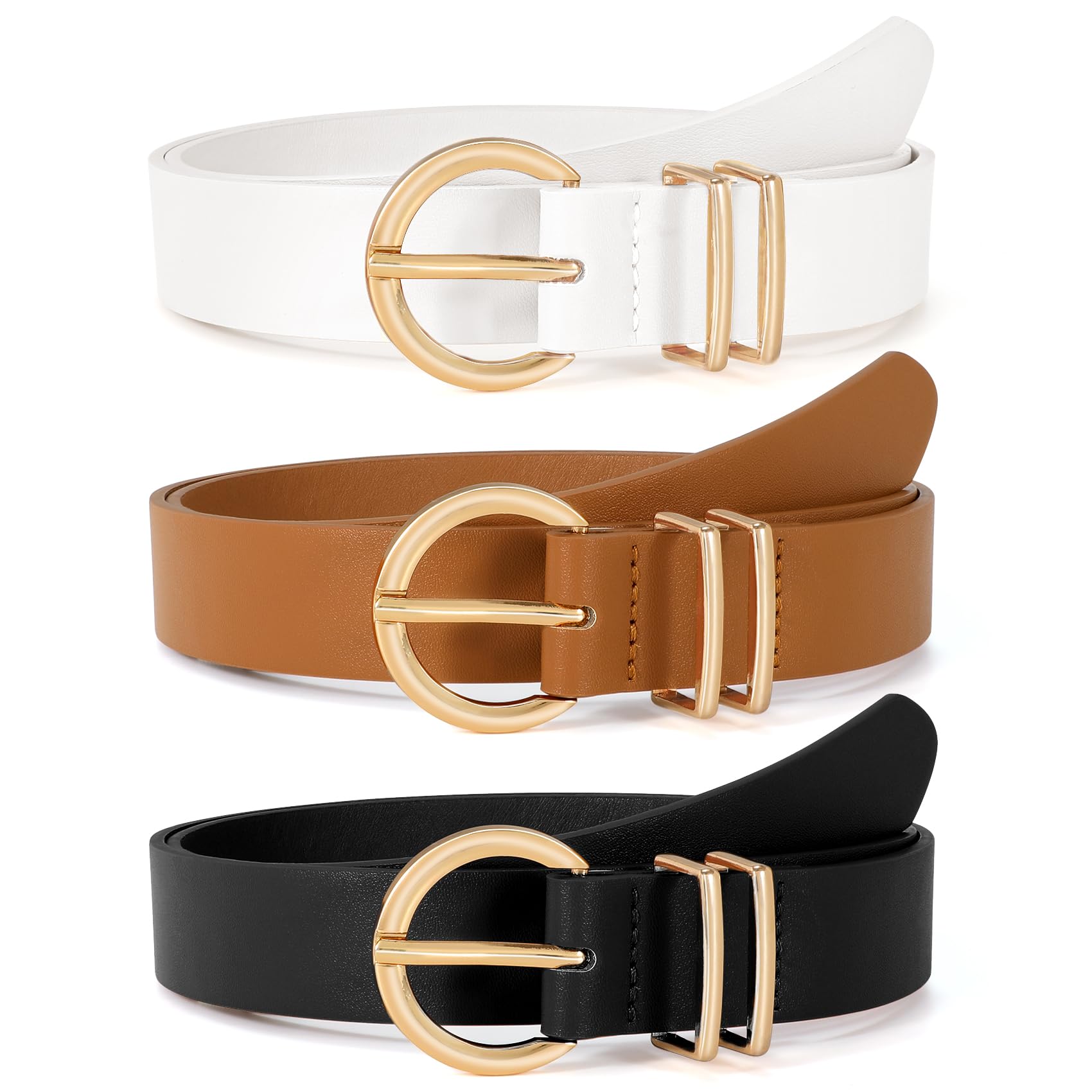 VONMELLI 3 Pack Women's Leather Belts for Jeans Dresses Ladies Waist Belt with Fashion Gold Buckle Black White Brown S 25-31