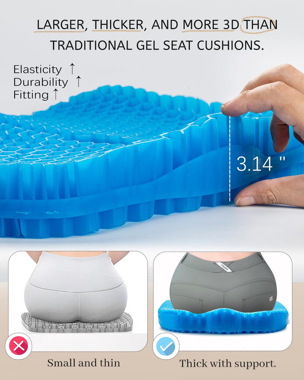 Anzeng Gel Seat Cushion for Long Sitting & Hip Pain Relief (Large Size) - Cooling 3D Cushions for Office Chair, Car, Wheelchair, Breathable & Non-Slip Cover with Pressure Relief Technology