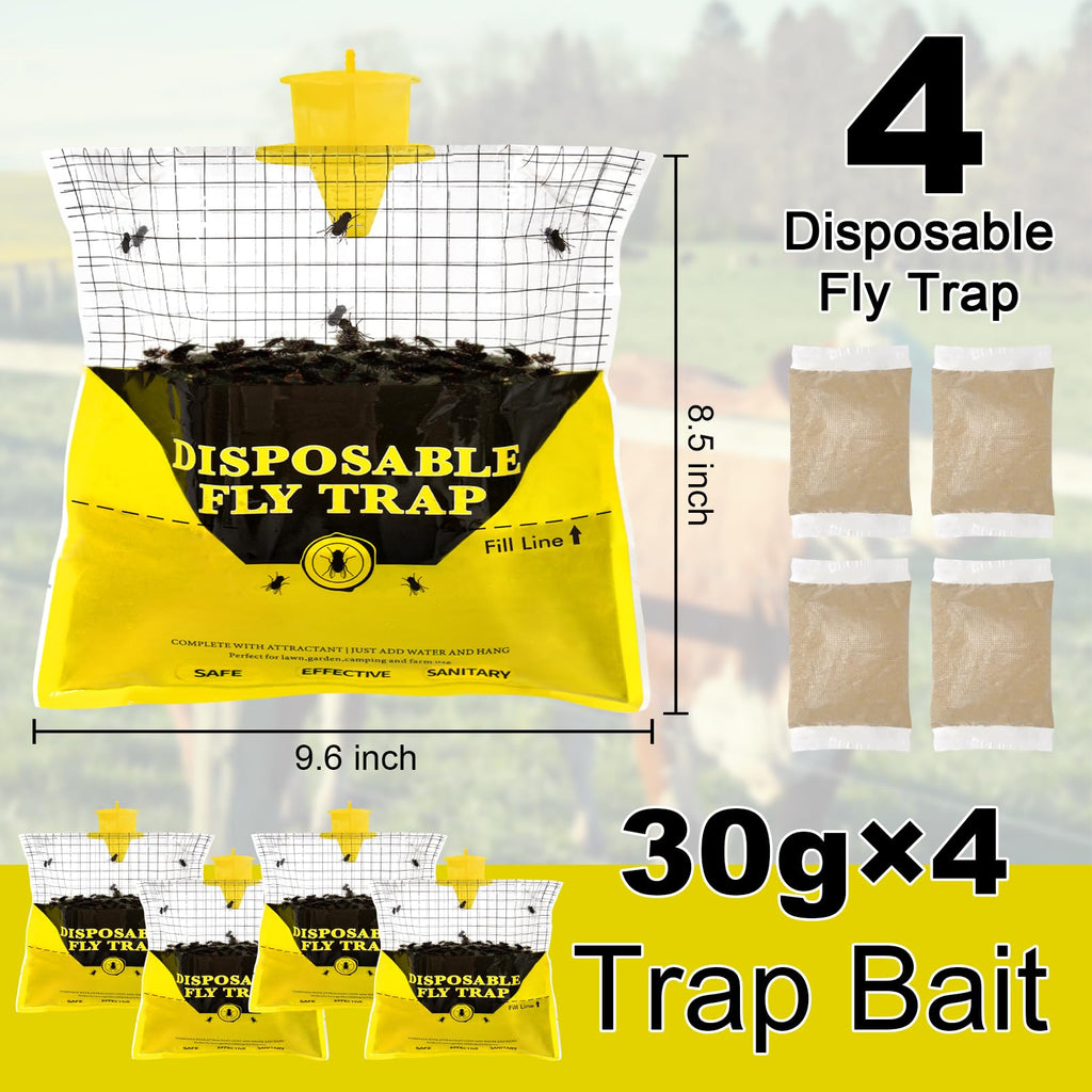 Fly Traps Outdoor Hanging, 4 Natural Pre-Baited Fly Hunter Stable Horse Ranch Fly Trap, Mosquito Fly Bags Outdoor Disposable Catchers Killer Repellent for Barn Farm Patio & Camping