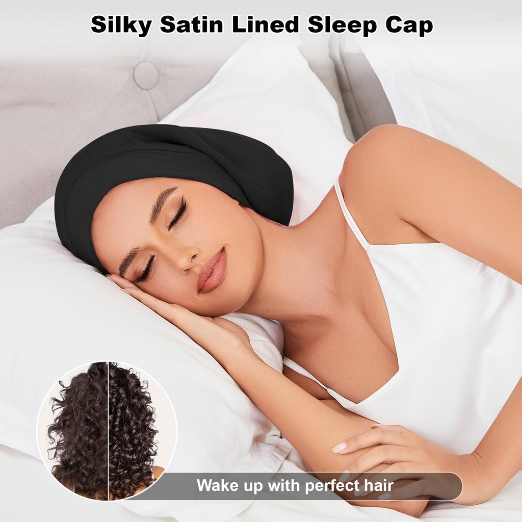 Silky Satin Lined Bonnet Sleep Cap Adjustable Strap Hair Wrap Slouchy Beanie Hat for Curly Hair Braids Night Caps for Women 2PCS(Black&Pink)