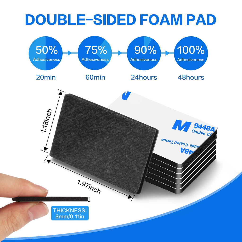 Double Sided Adhesive Pads,Heavy Duty Mounting Tape,48Pcs 3mm Thickness Pre-Cut Foam Tape,Super-Sticky Black Strong Pads Rectangle Shape Waterproof for Walls Picture, Car, Home, Office