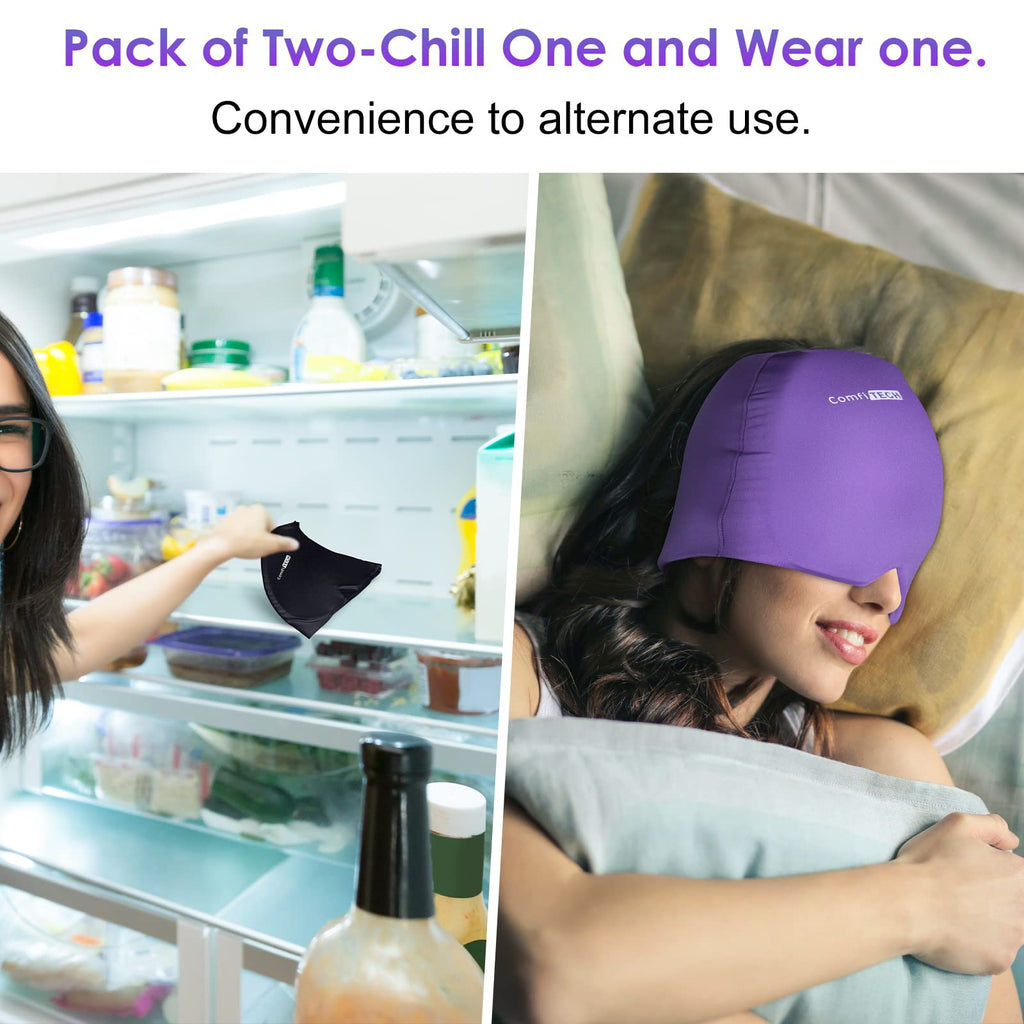 Comfitech Migraine Ice Head Wrap, Headache Relief Hat for Migraine Cap for Tension Puffy Eyes Migraine Relief Cap for Sinus Headache and Stress Relief Cold Compress (Medium Black & Purple)