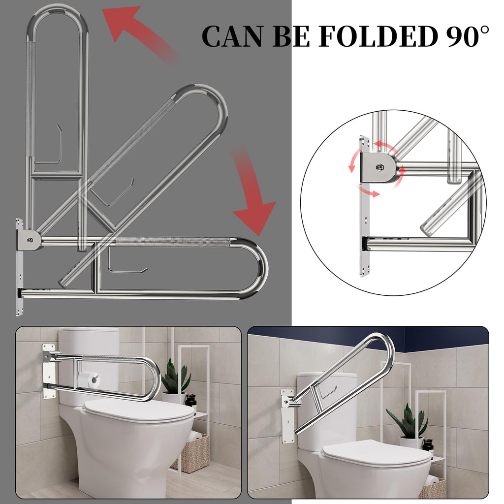Toilet Grab Bar 30.3 Inch, YuanDe Flip Up Grab Bar with Paper Holder, Polished Chrome Anti-Slip Safety Bars for Toilet, Stainless Steel Knurled Toilet Handles for Seniors Disabled Elderly Pregnant