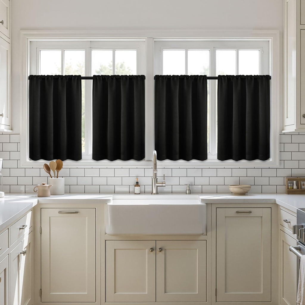MIULEE 36 Inch Short Blackout Curtains Set of 4, Over Sink Kitchen Tier Curtain Thermal Insulated Privacy Drapes Mini Top & Bottom Rod Pocket Cafe Curtains for Small Windows Bathroom RV, Black