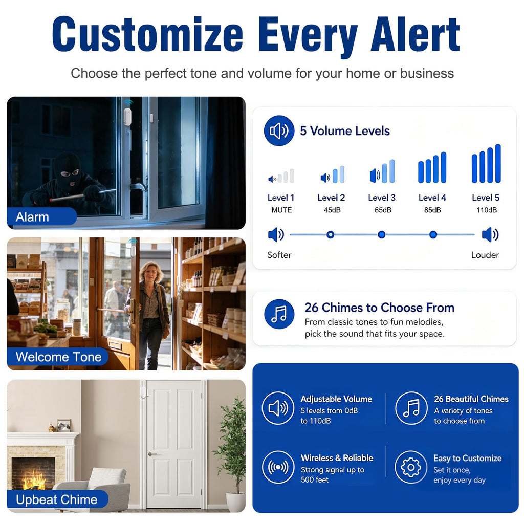 SanJie Door Chime, Door Open Contact Sensor Alarm with 500 FT Range,26 Chimes 5 Adjustable Volume for Business/Store/Home/Office When Entering 3 Sensors + 1 Receiver