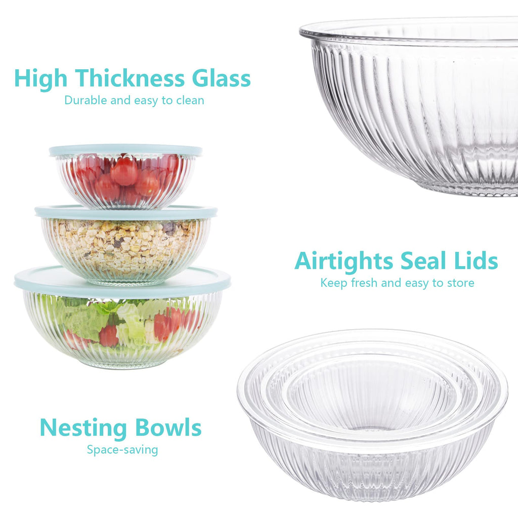 WhiteRhino Glass Mixing Bowls with Lids Set of 3(3.7QT, 2.1QT, 1.1QT),Large Kitchen Salad Bowls, Space-Saving Nesting Bowls, Clear Glass Serving Bowls for Cooking,Baking,Prepping,Dishwasher Safe