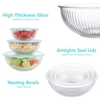 WhiteRhino Glass Mixing Bowls with Lids Set of 3(3.7QT, 2.1QT, 1.1QT),Large Kitchen Salad Bowls, Space-Saving Nesting Bowls, Clear Glass Serving Bowls for Cooking,Baking,Prepping,Dishwasher Safe