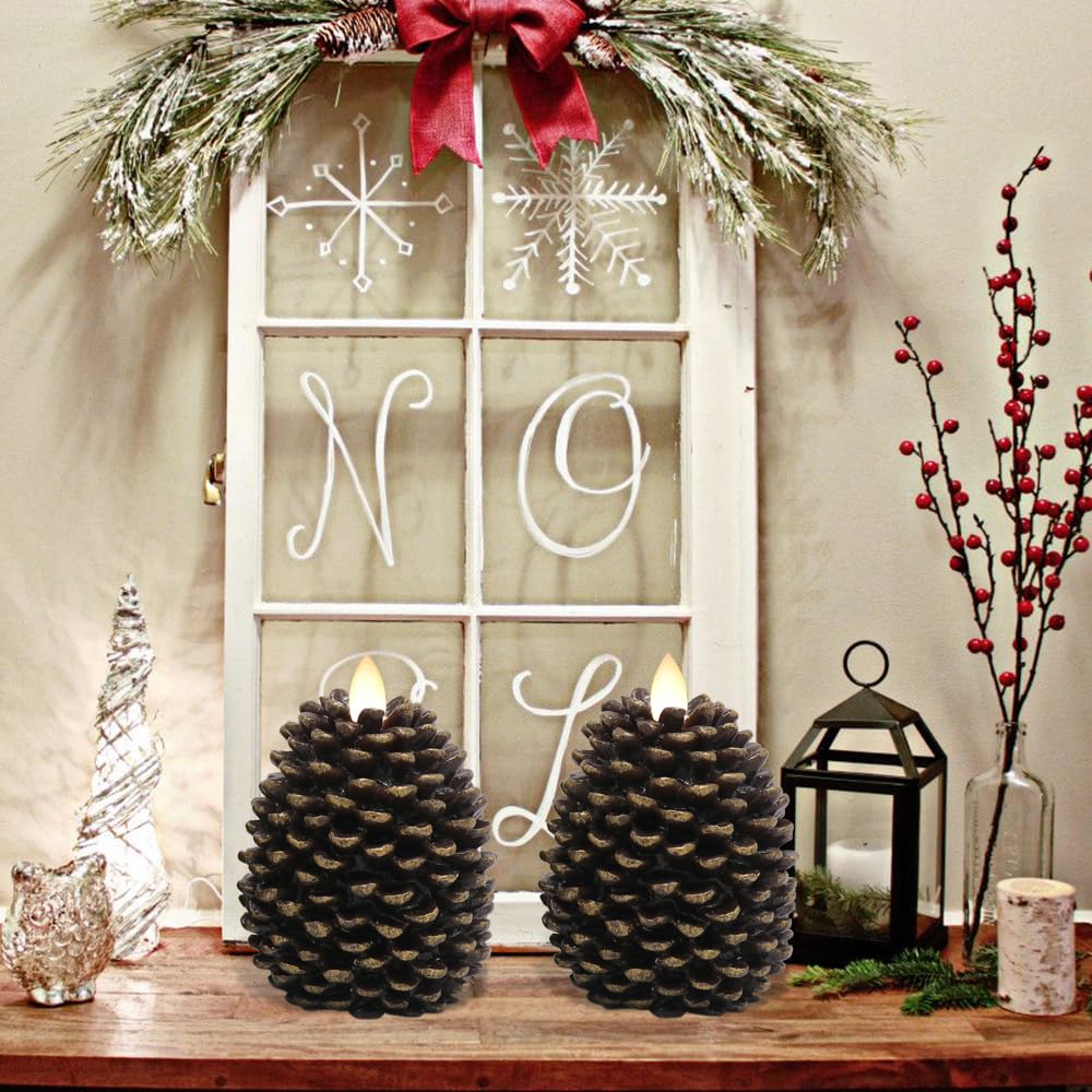 Eldnacele LED Pine Cone Candles, Battery Operated Flameless Candles with Timer Unscented Wax Pinecone Candles Brown 2 Pack for Christmas Home Party Decoration