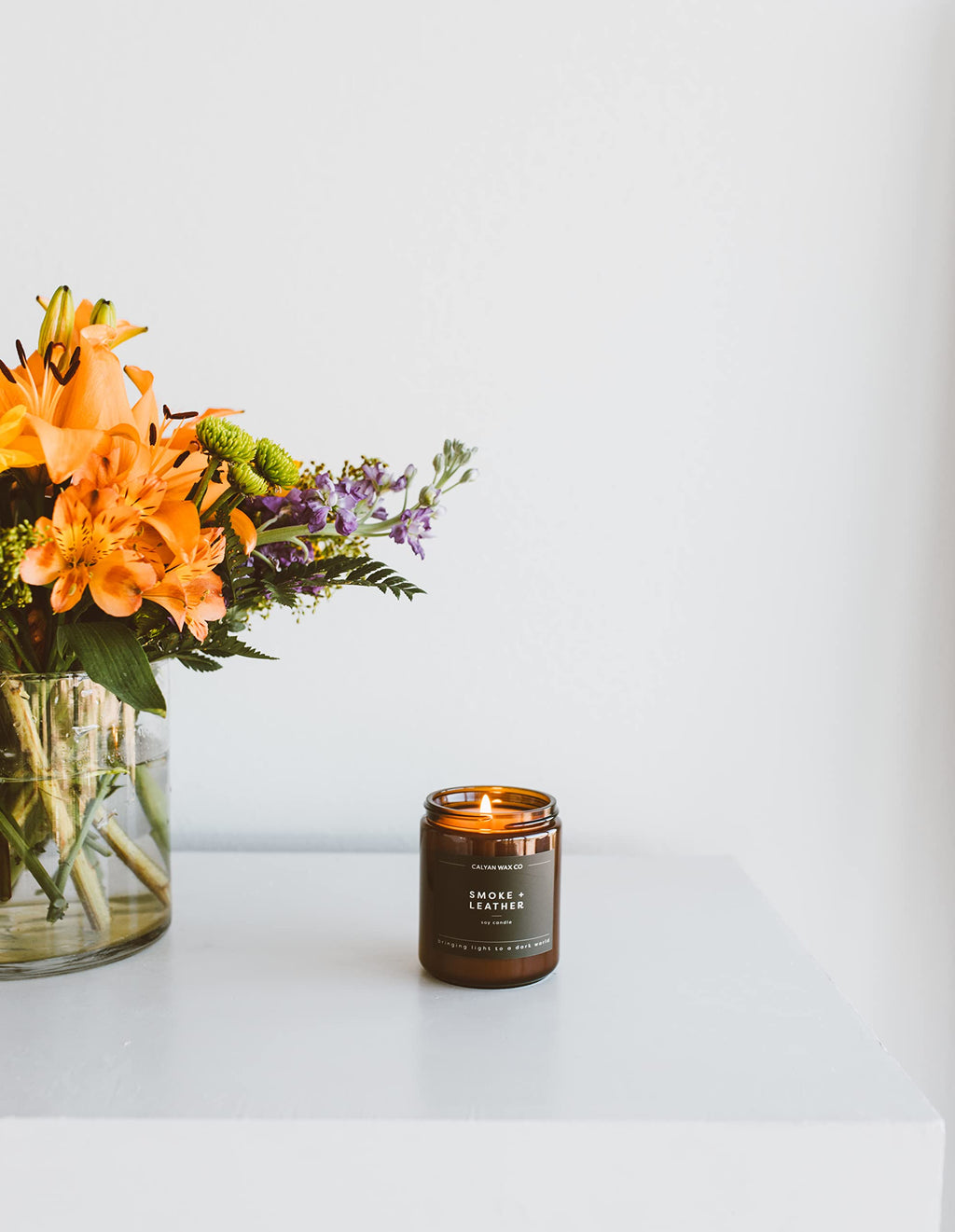 Calyan Wax Co. Soy Wax Candle, Smoke + Leather Scented Candle for The Home | Premium Candle with Essential Oils | 7.2 oz 57 Hour Burn | Soy Candle in Amber Glass Jar | Aromatherapy, Gift