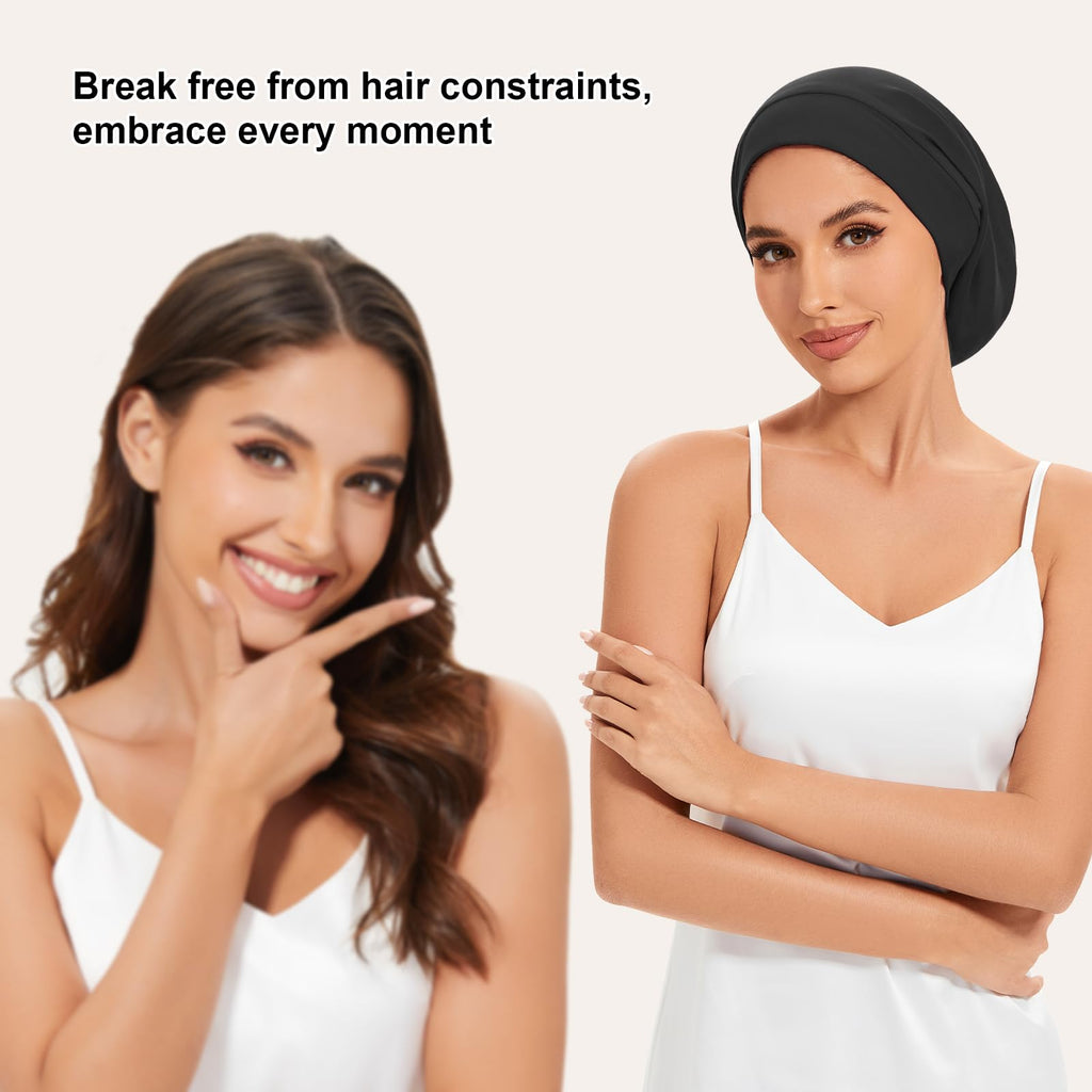 Silky Satin Lined Bonnet Sleep Cap Adjustable Strap Hair Wrap Slouchy Beanie Hat for Curly Hair Braids Night Caps for Women 2PCS(Black&Pink)