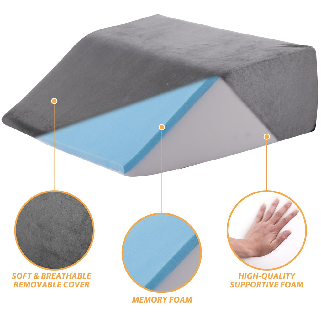 Bedluxe Leg Elevation Pillows, Leg Pillows for Sleeping, Cooling Gel Memory Foam Top, Wedge Pillow for Legs, Leg Wedges for Circulation, Swelling, After Surgery - Removable Cover (6 Inch, Dark Grey)