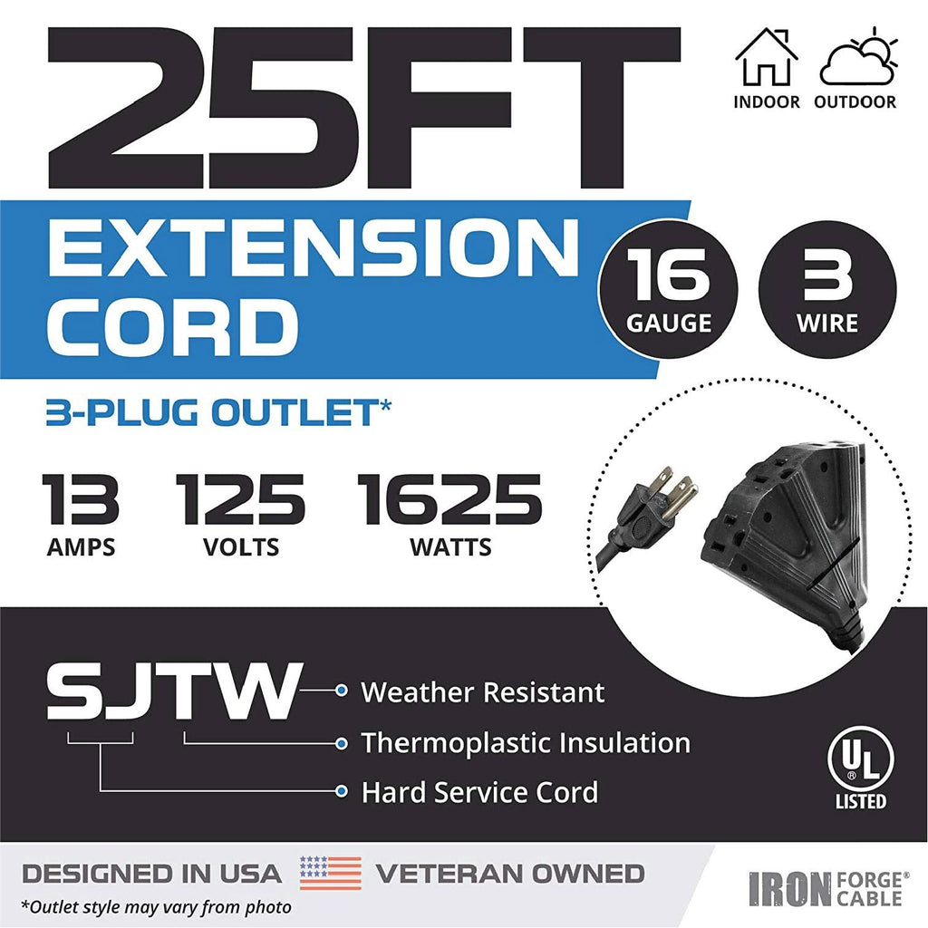 Iron Forge Cable 2 Pack of 25 Ft Outdoor Extension Cords with 3 Electrical Power Outlets - 16/3 SJTW Durable Black Cable with 3 Prong Grounded Plug for Safety, Great for Christmas Lights and Outside
