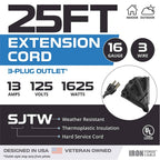 Iron Forge Cable 2 Pack of 25 Ft Outdoor Extension Cords with 3 Electrical Power Outlets - 16/3 SJTW Durable Black Cable with 3 Prong Grounded Plug for Safety, Great for Christmas Lights and Outside