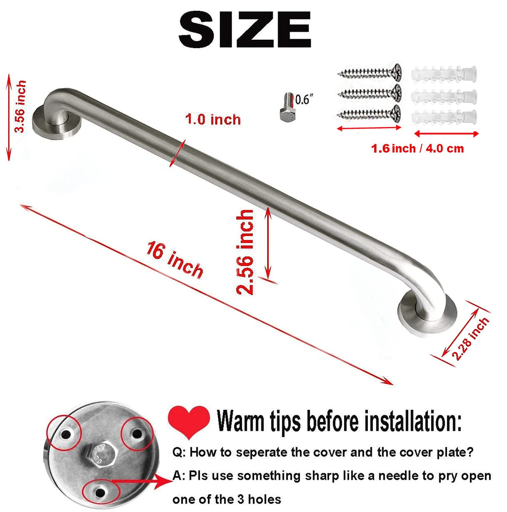 2 Pack 16 Inch Shower Grab Bar Satin Brushed Nickel, ZUEXT Stainless Steel Safety Grab Bar Handle, Bathroom Balance Bar, Safety Hand Rail Support - Handicap, Elderly, Injury, Senior Assist Bath Handle