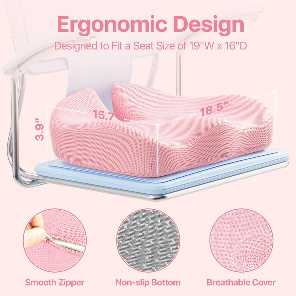 CJACSOC Seat Cushion, Extra Large Memory Foam Cushion for Office Chair Cushions, Ergonomic Cushions Pad Pillow for Pressure Relief Sciatica & Pain Relief for Long Sitting, Pink