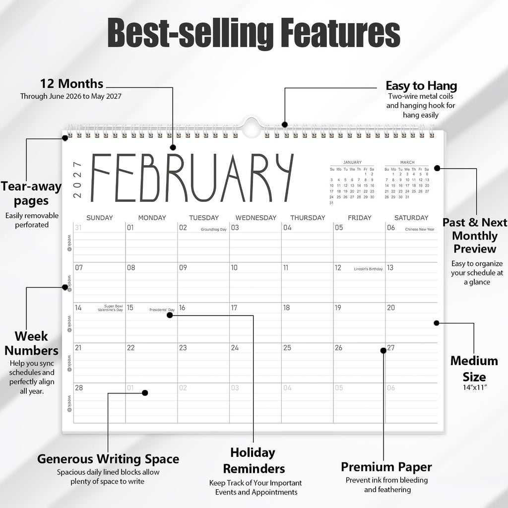 Wall Calendar 2026, 2026-2027 Calendar Wall from Jun. 2026 to May 2027, 14" X 11" Paper Monthly Planner Wall Hanging Calendar with Thick Paper for Office Home Planning & Organizing