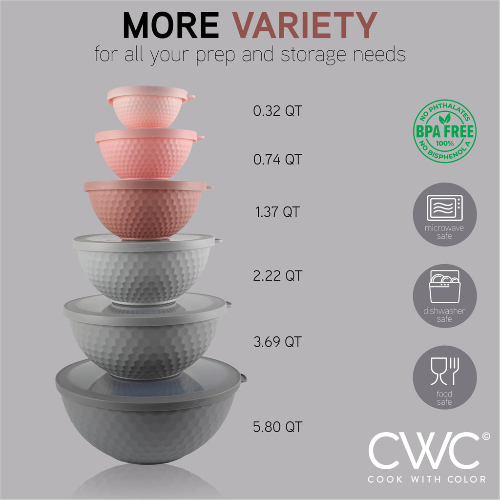 COOK WITH COLOR Mixing Bowls with Lids - 12 Piece Plastic Nesting Bowls Set includes 6 Prep Bowls and 6 Lids, Non Slip Bottom and Embossed Design - Microwave Safe (Pink)