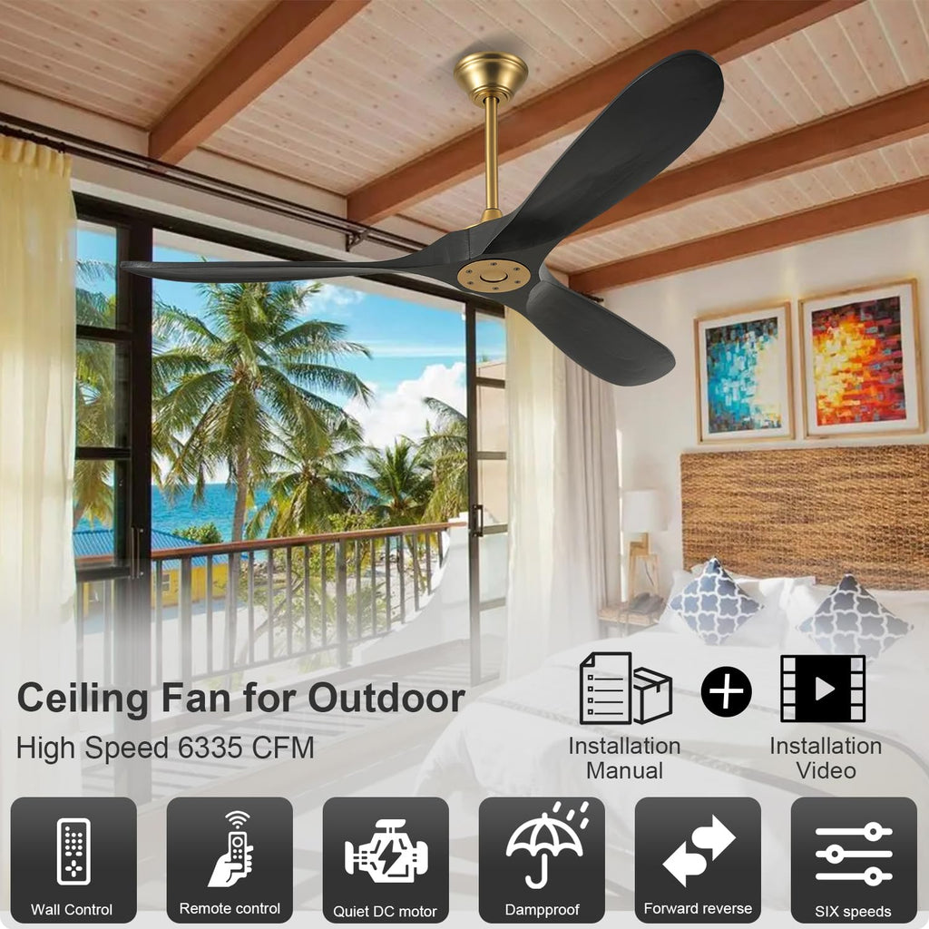 60 Inch Ceiling Fan without Light, Outdoor Ceiling Fans for Patios with Wall Control and Remote Control, Black Gold Modern Farmhouse Ceiling Fan, 3 Blade Large Air flow Reversible DC Wood Ceiling Fan