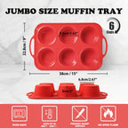 Foepoge 2 Pack Jumbo Silicone Muffin Pan with Metal Frame, Non-stick Large Silicone Cupcake Pan with Handles 6 Cup, Silicon Muffin Tin Tray for baking, egg bites, Cupcake Mold, BPA Free Red