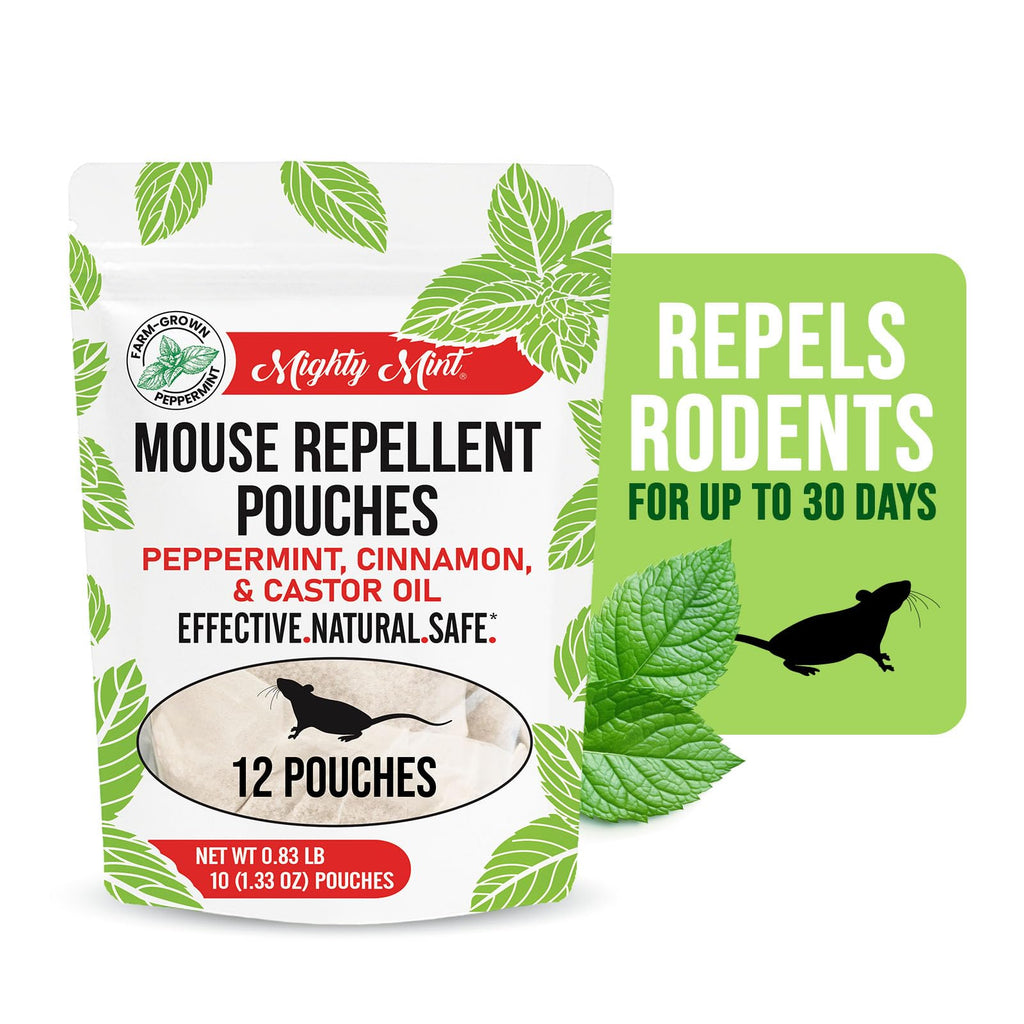 Mighty Mint Mouse Repellent Pouches – Peppermint, Castor Oil & Cinnamon Formula – Natural Indoor Deterrent for Mice and Rodents – Plant-Based, Long-Lasting Protection – 12 Count