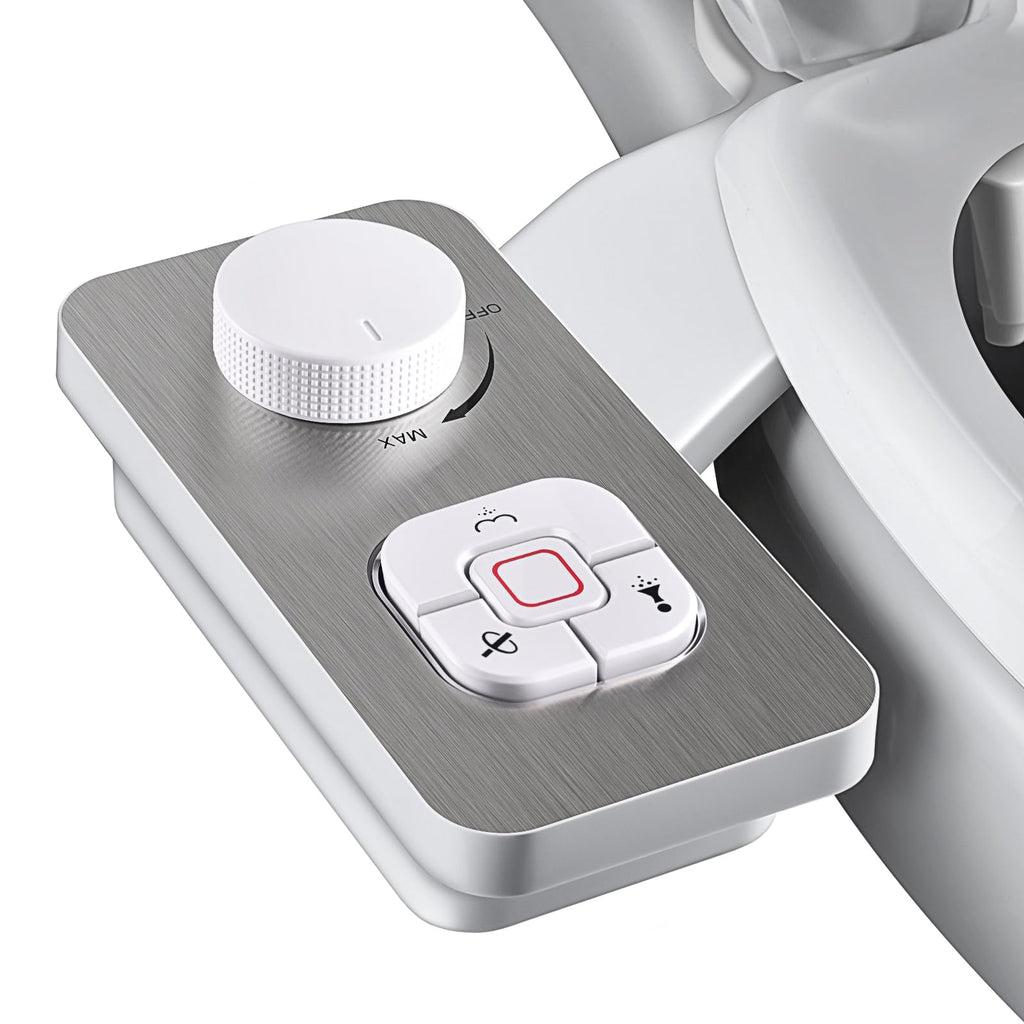 SAMODRA Bidet Attachment, Non-Electric Cold Water Bidet Toilet Seat Attachment with Pressure Controls, Retractable Self-Cleaning Dual Nozzles for Frontal & Rear Wash - Brushed Nickel