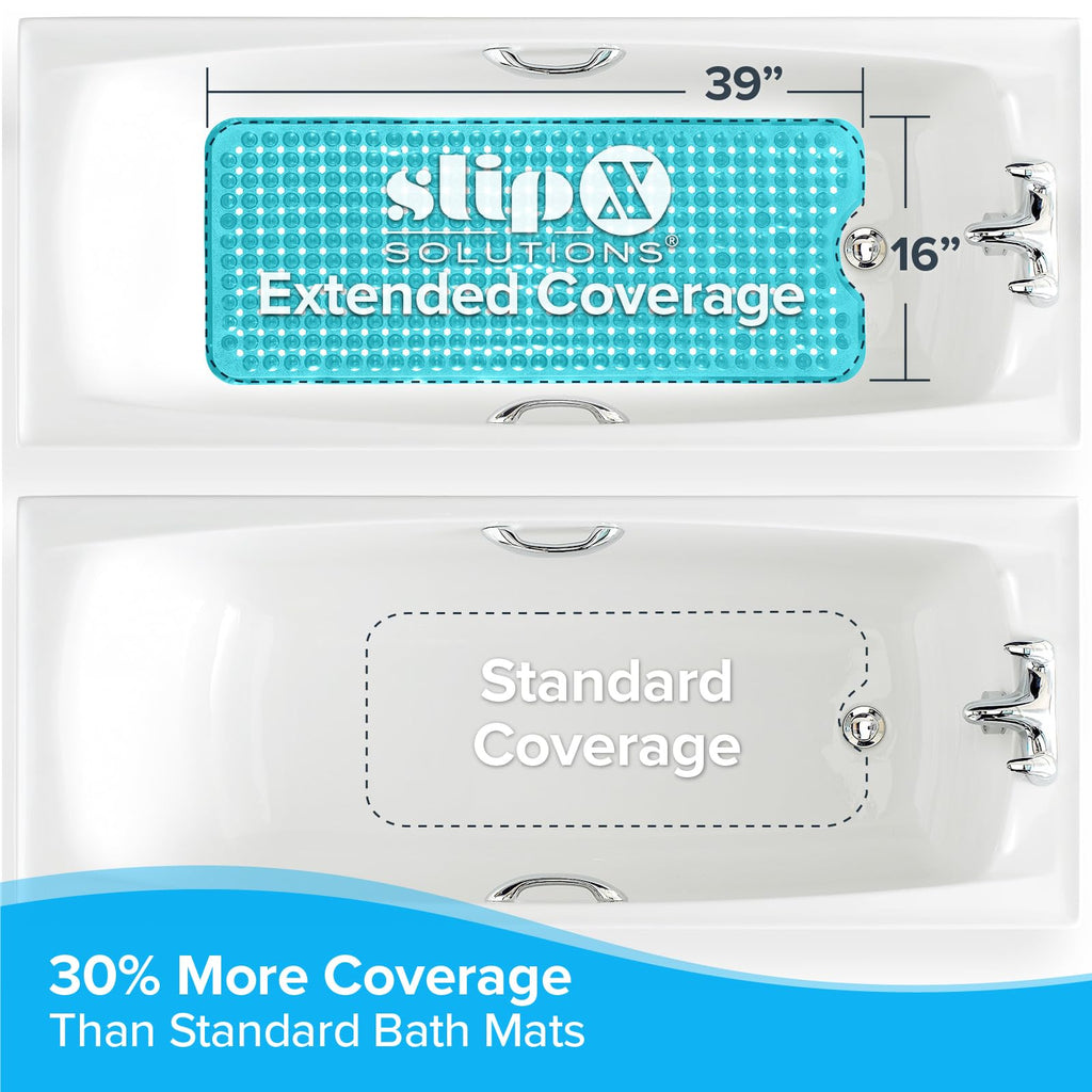 SlipX Solutions Power Grip Extra Long Bath Tub & Shower Mat 39x16, Wet Floor Non-Slip for Elderly & Kids Bathroom, 30% Longer Bathtub Mats, 200 Suction Cups, Drain Holes (1, Clear Aqua)