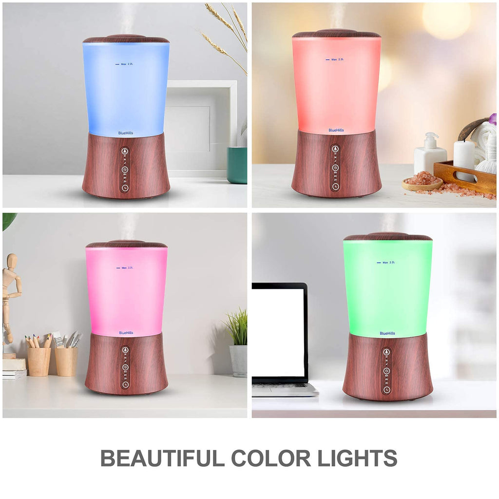 BlueHills Large 2000 ML XL Essential Oil Diffuser Aroma Humidifier 2 Liter Capacity for Big Living Room Home Baby Long Run XL Huge Coverage Area High Mist Timer Dark Wood Grain 2L S3