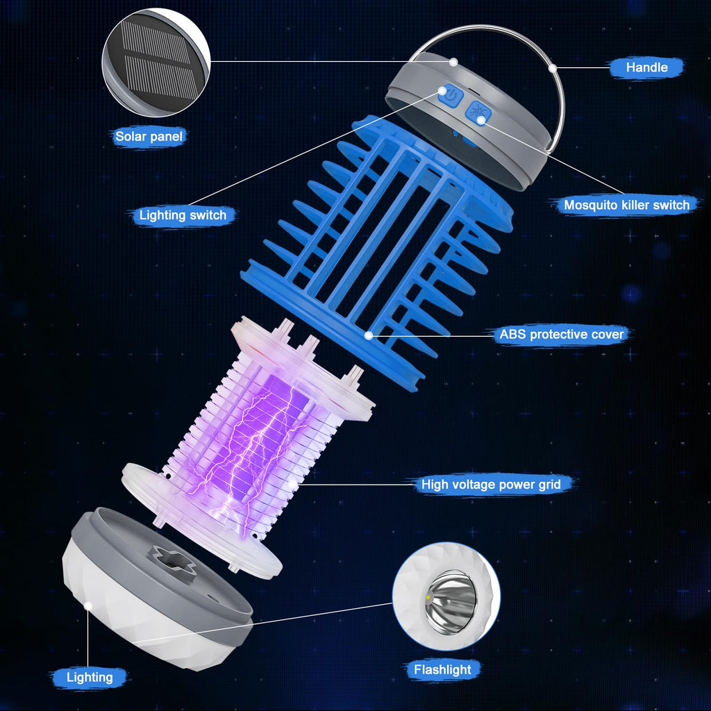 Solar Bug Zapper Outdoor Waterproof Mosquito Zapper for Patio Home Camping, 3 in 1 Cordless Rechargeable Mosquito Repellent Outdoor Patio Flashlight, Mosquito Killer Indoor - Blue, 2 PCS Patio