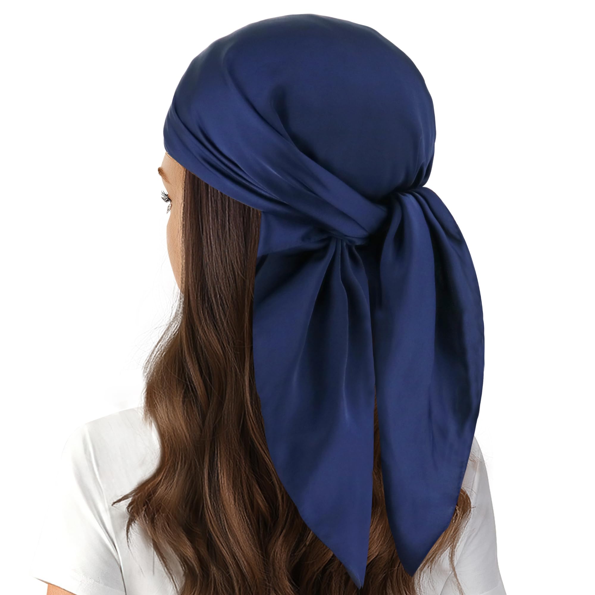 Navy Blue Satin Scarf - Ladies 27'' x 27'' Square Dark Blue Silk Like Head Scarf for Women Hair Wrap Bandana Handbag Purse Accessory (Style 82)