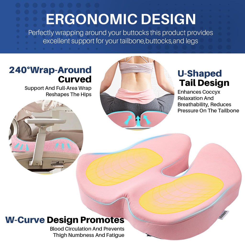 DAPOTUGI X Large Memory Foam Seat Cushion for Office Chair,for Back Support, Relief Sciatica & Tailbone Coccyx Pain Relief Cushion Pillow, for Long Sitting, for Car/Office Chair/Wheelchair (Pink)