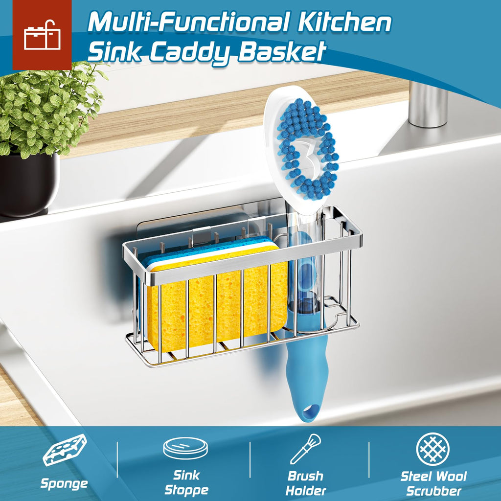 MURLONG Sponge Holder for Kitchen Sink,Sink Caddy Organizer with Suction Cups/Adhesive Strips,Dish Sponge Holder Design for Sponges,Scrubber,Stoppers-Silver