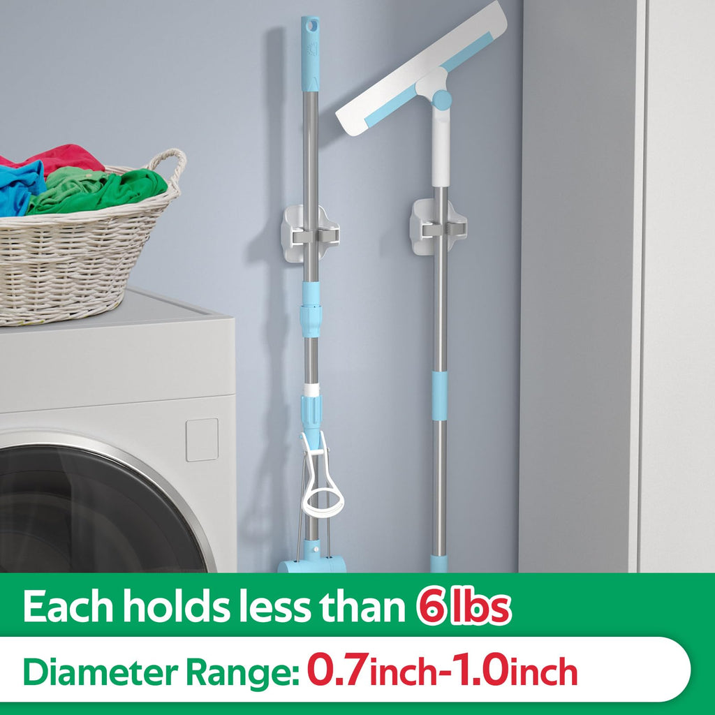 3 Pack Broom Holder Wall Mount Mop Grippers No Drilling Self Adhesive Anti-Slip Mop Handle Hanger Dustpan and Broom Organizer Garage Storage Racks-White