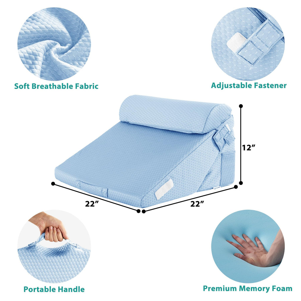 Bedluxe 3Pcs Orthopedic Bed Wedge Pillow Set, Foam Wedge Pillow Post Surgery for Back, Leg and Knee Support, Adjustable 9&12 Inch Folding Triangle Pillow for Sleeping, Acid Reflux, Snoring, Light Blue