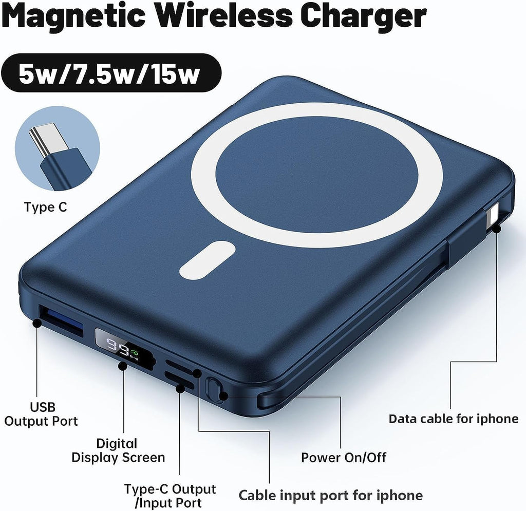 Yiisonger Magnetic Wireless Power Bank - 10000mAh Mag-Safe Portable Charger 22.5W PD Fast Charging with Built-in Cables LED Display, Magnetic Battery Pack for iPhone 16/15/14/13/12/Pro/Mini/Pro Max