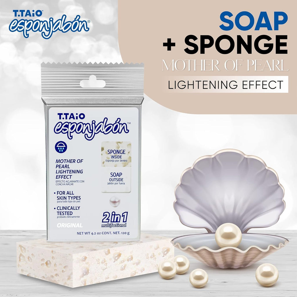 T. Taio Mother of Pearl Esponjabon Soap Sponge - Gentle Shower Scrubber - Cleaning Bath Wash Scrub - Dirt & Oil Removal - Massage & Lather Foot, Elbow, & Face Bathroom Accessories Fresh Nacre Scent