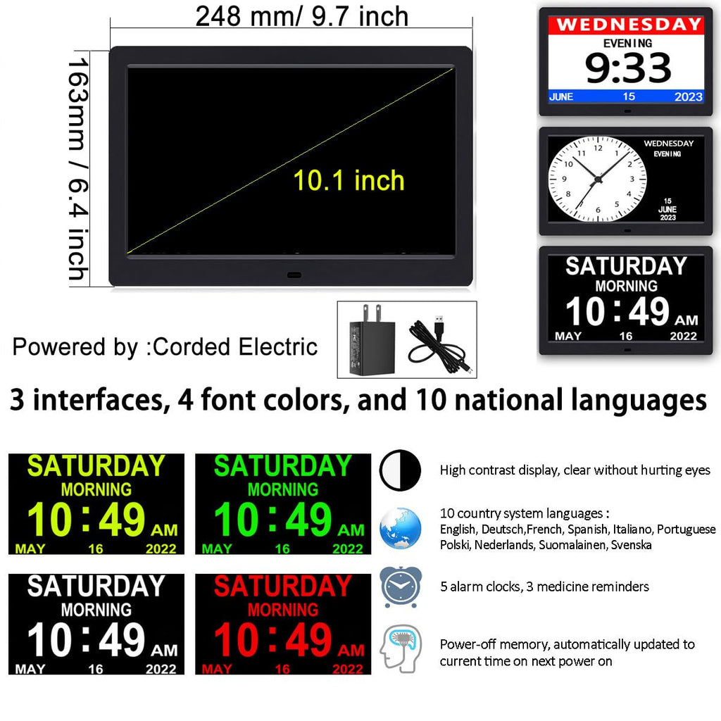 AINFTIME Digital Clock with Date and Day of Week for Elderly-12 Alarms Medication Reminder Dementia Alzheimers Clock Calendar with Extra Large Display (10.1 inch Black)