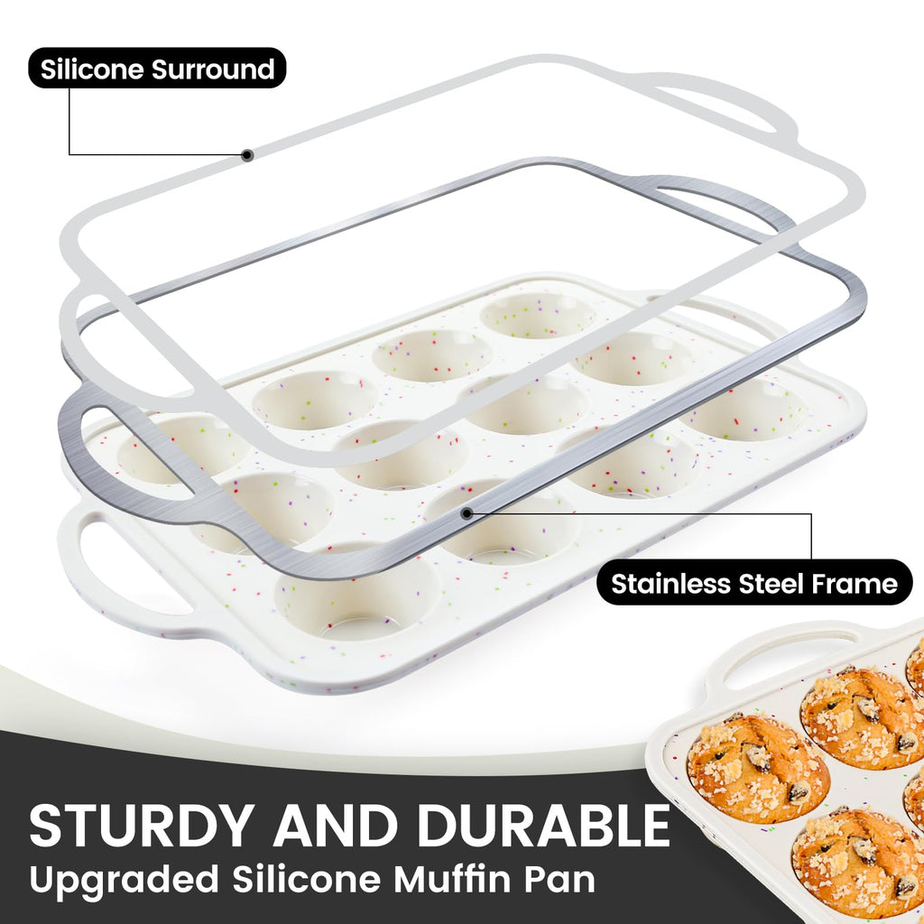 Vinino 2Pack Silicone Muffin Pan for Baking with Metal Reinforced Frame, Regular 12 Cup and Jumbo 6 Cup Nonstick Cupcake Pan Set, BPA Free Silicone Muffin Tray Molds for Oven Dishwasher Safe