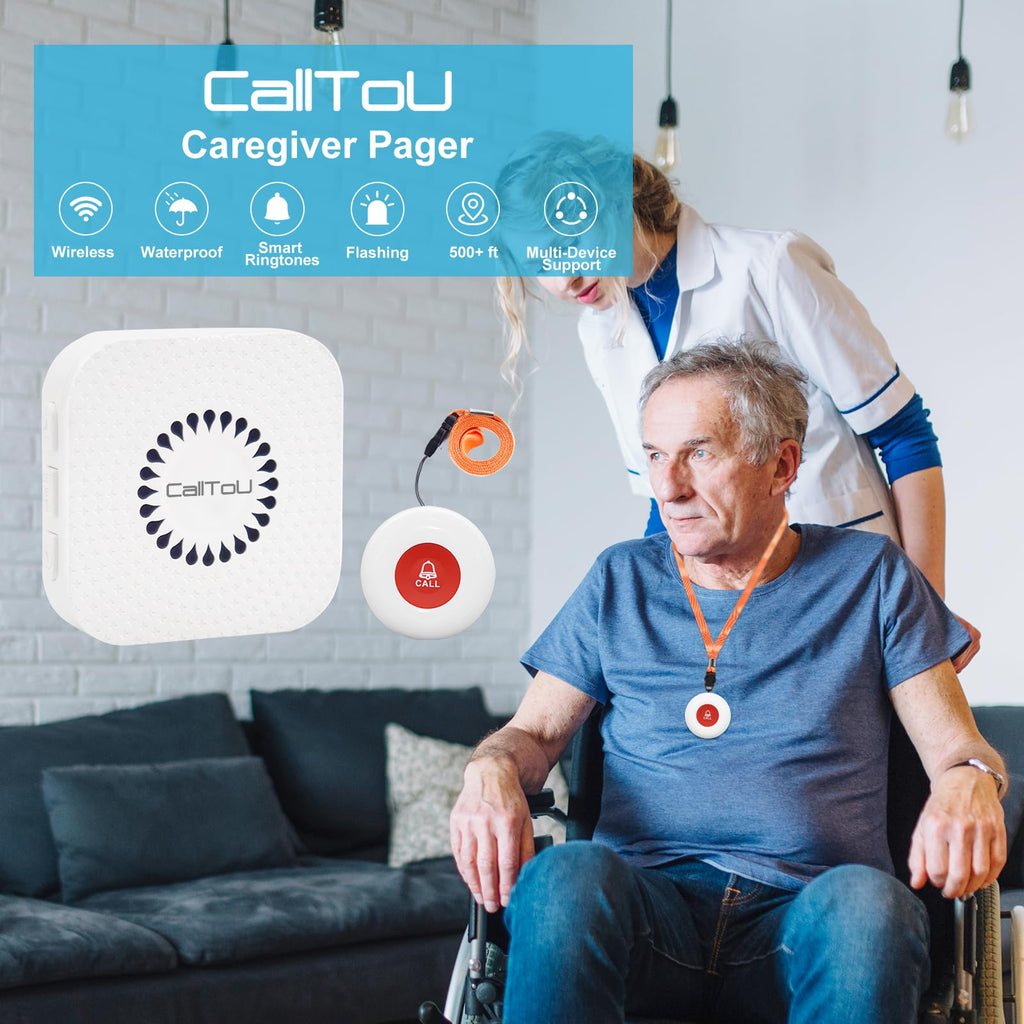 CallToU Caregiver Pager Call Button Elderly Wireless Call Button Vibration Pager Nurse Calling Alert System for Home Elderly Disabled Patient 1 Transmitters 1 Plug-in Receiver