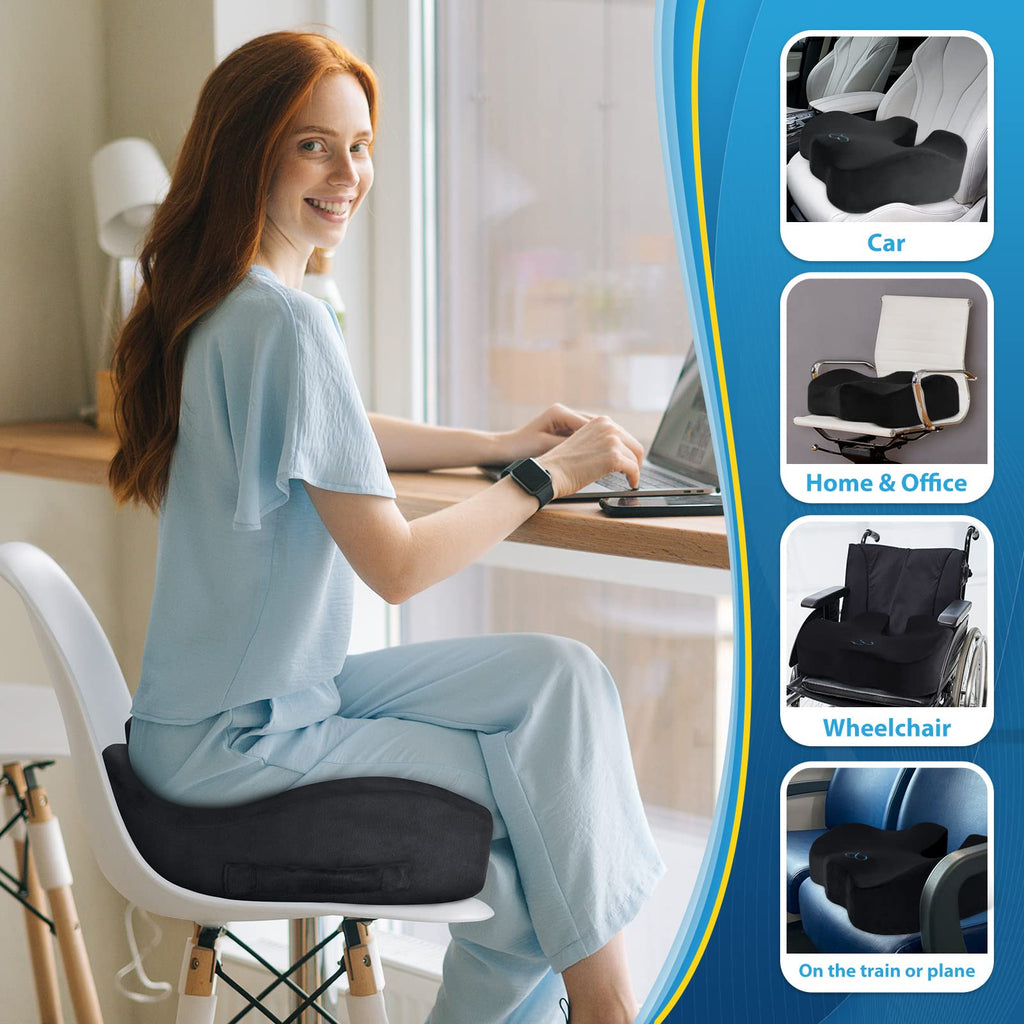BlissTrends Seat Cushion,5.2in Thick Memory Foam Cushions for Office Chair, Car Seat, Airplane, Relieving Pressure Tailbone Sciatica Back Pain for Long Sitting Office Workers, Car Drivers Black