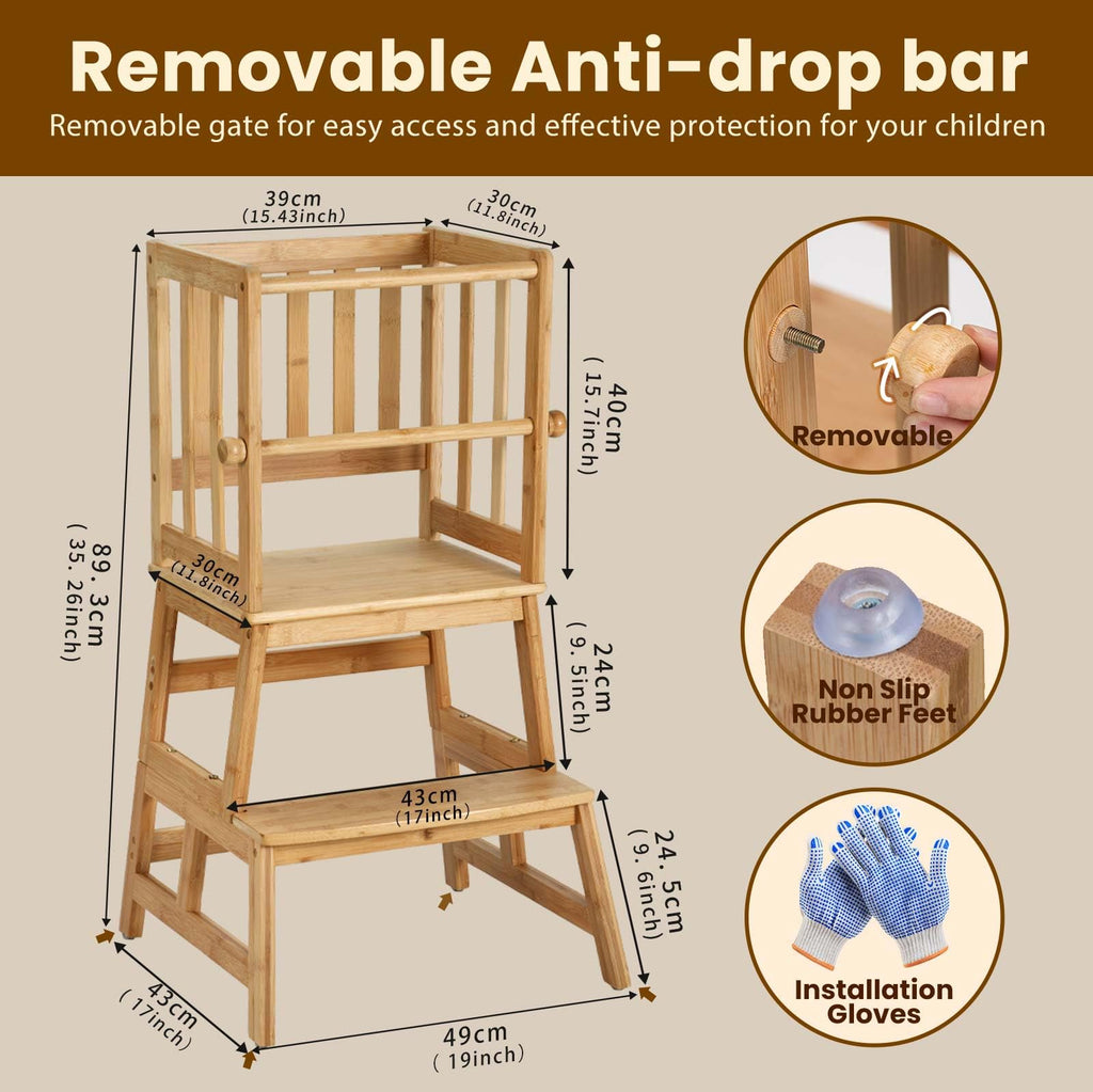 COSYLAND Kids Kitchen Step Stool，Toddler Standing Tower with CPC Certification, Removable Anti-Drop Railing Safety Rail Enjoys Unique Patented Design A Anti-tip Structure More Stable, Natural Bamboo