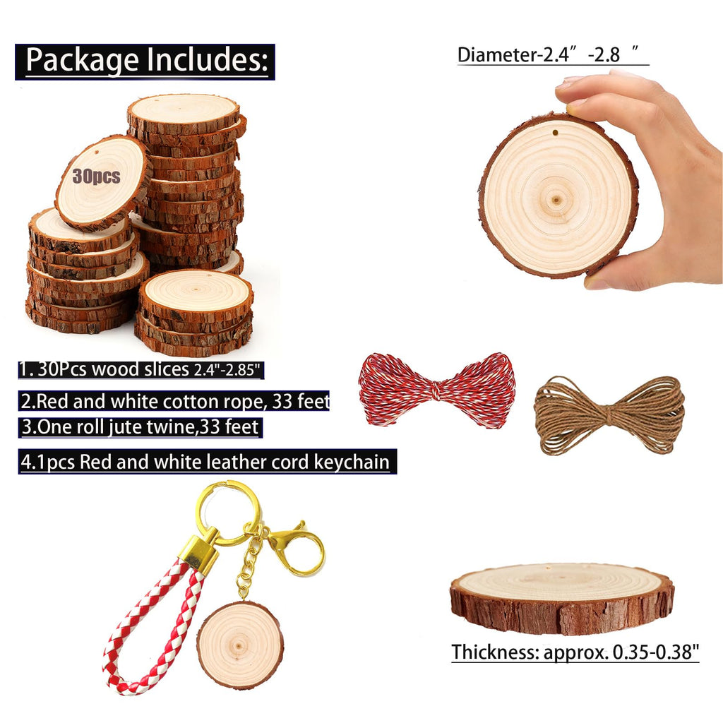 SENMUT Unfinished Wood Slices 30pcs 2.4"-2.85" Wood Circles for Crafts Predrilled Natural Wood Rounds Wooden Discs Christmas Wood Ornament for Crafts