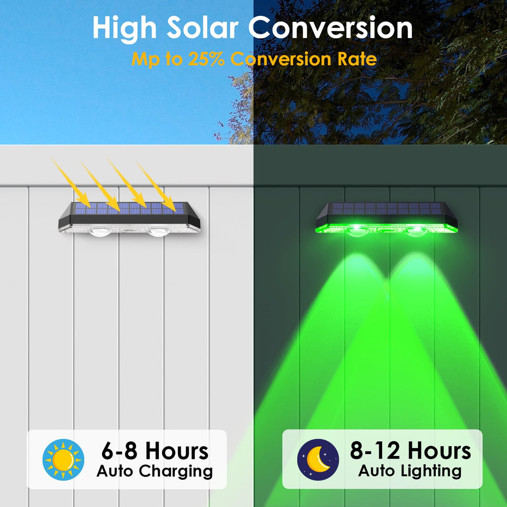 Solar Fence Lights Outdoor - Warm White & RGB 6 Color, Dusk to Dawn Solar Deck Light, Solar Lights Outdoor IP65 Waterproof, Garden Lights for Outside/Backyard/Railing/Step/Patio/Wall (8 Pack)