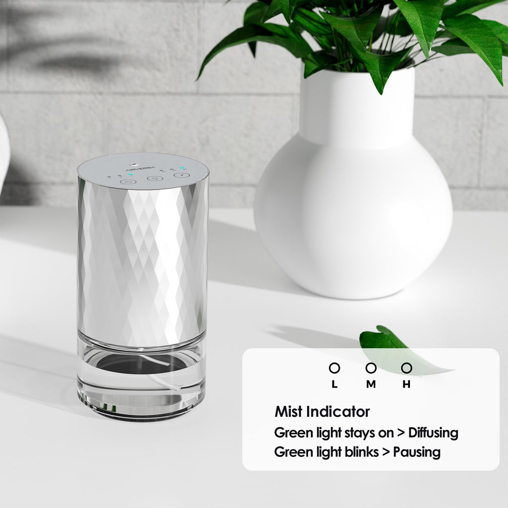 Airversa Waterless Diffuser for Essential Oil 𝟭𝟬𝟬𝗺𝗹 Capacity Battery Operated Aromatherapy Nebulizer Mini Scent Air Machine 1/2/3H/Continous 3 Mist Level 3 Lighting Effects(Scenta Shine Silver)