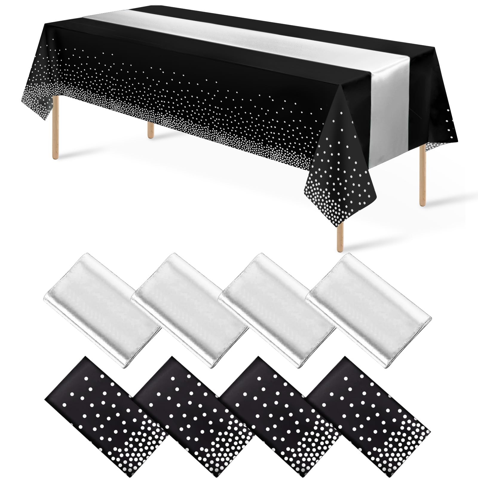 8Pack Disposable Plastic Tablecloths and Satin Table Runner Set Black and Silver Dot Tablecloth Silver Satin Table Runner for Wedding Birthday Baby Shower Anniversary Christmas New Year Party Supply