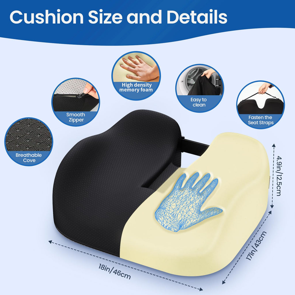 Benazcap Large Wheelchair Cushions,18"x17"x4.9"Inch Thick Memory Foam Seat Cushions for Office Chairs,Tailbone Pain Relief Cushion,Sciatica & Back Support,Office Chair Cushion & Car Seat Cushion,Black