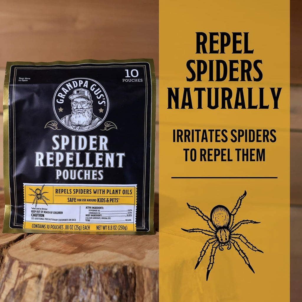 Grandpa Gus's Natural Spider Repellent Pouches, Peppermint and Lemongrass Oil Indoor Spider Deterrent, Wolf Spider Repellent, Closet, Basement, Cabin, Shed, RV and Garage, 10 Pack
