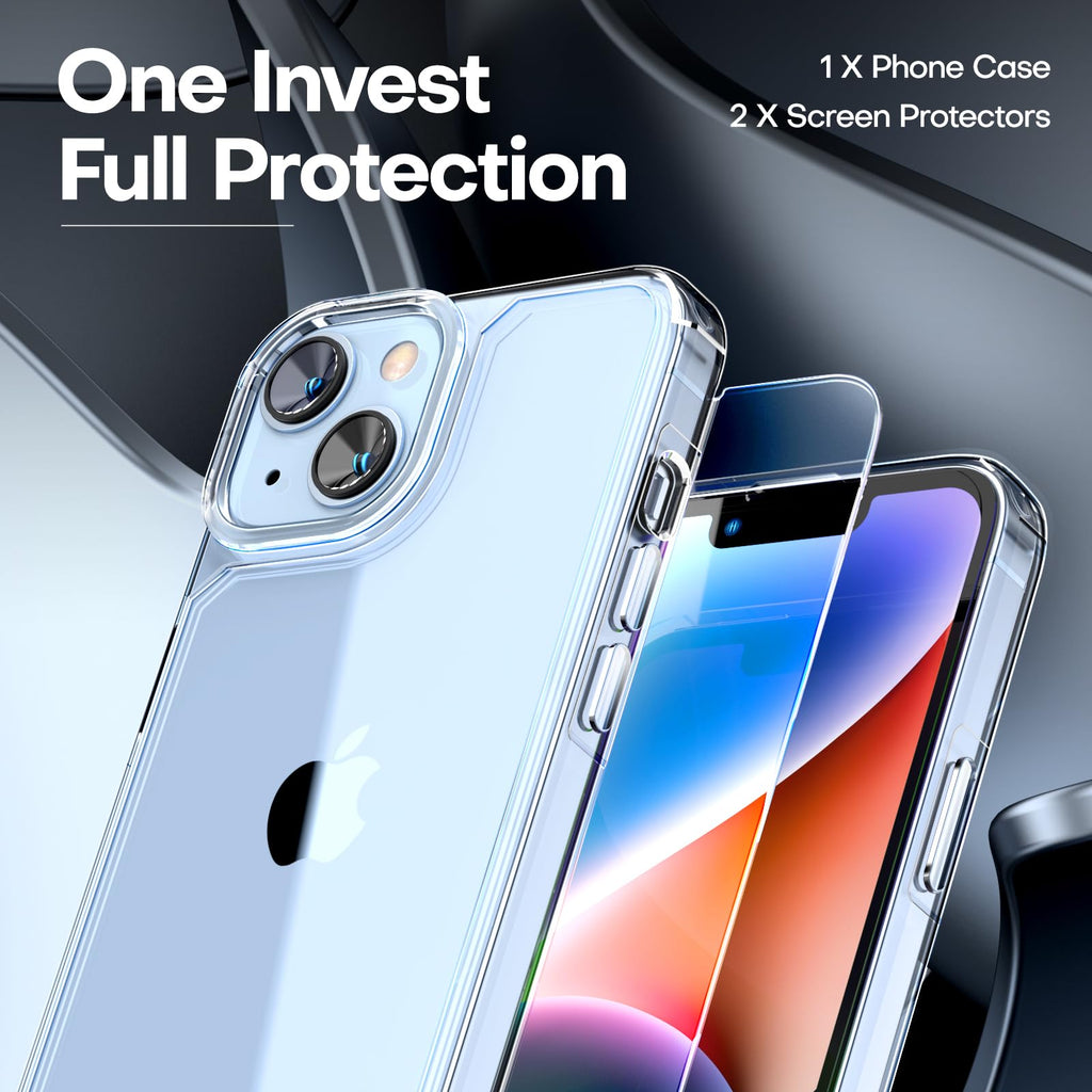 TAURI 3 in 1 for iPhone 14 Case Clear, [Not Yellowing] with 2X Screen Protectors, [Military-Grade Drop Protection] Shockproof Slim 14 Cover 6.1 Inch