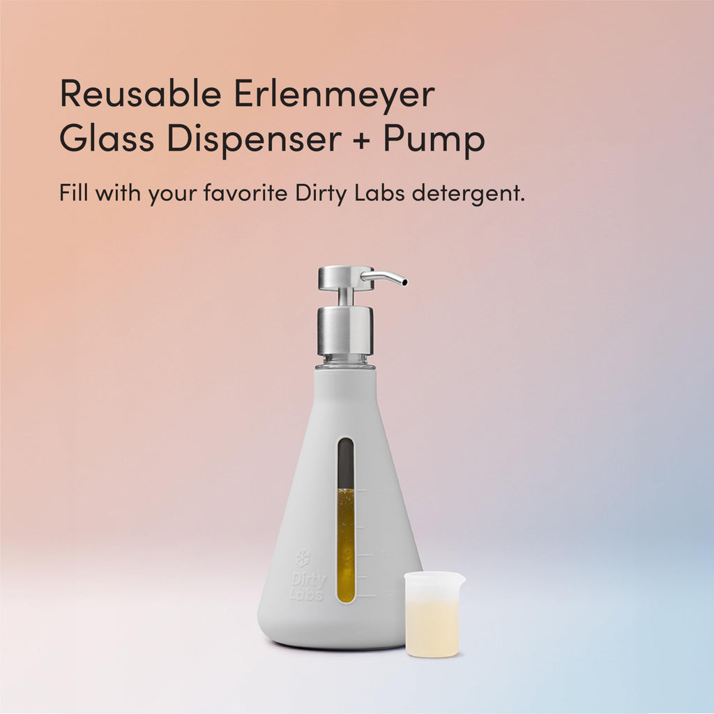 Dirty Labs | Reusable Erlenmeyer Glass Dispenser and Pump | Liquid Laundry Detergent Dispenser | Holds 40 loads | 375 mL | Machine Washable