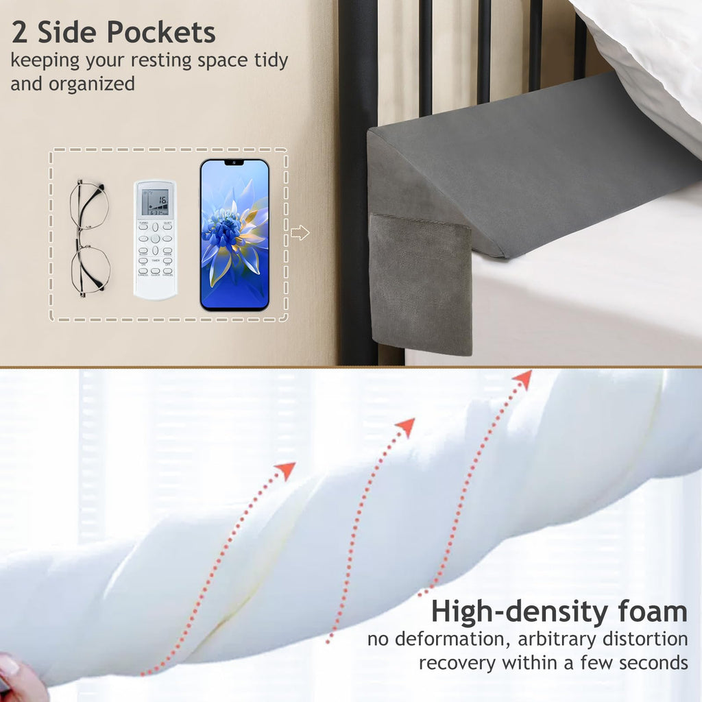 Vekkia Full Bed Wedge Pillow for Headboard Gap Filler(0-5"),High-Density Foam,Prevents Pillows & Items from Falling,Ergonomic Design,Large Storage Pockets, Removable&Washable Cover,Gray,54''x10 x6
