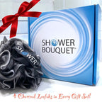 Loofah-Charcoal Bath-Sponge XL-75g-Set by Shower Bouquet: 4-Pack, Extra Large Mesh Pouf Soft Scrubber for Men and Women - Exfoliate with Big Black & White Gentle Cleanse in Beauty Bathing Accessories